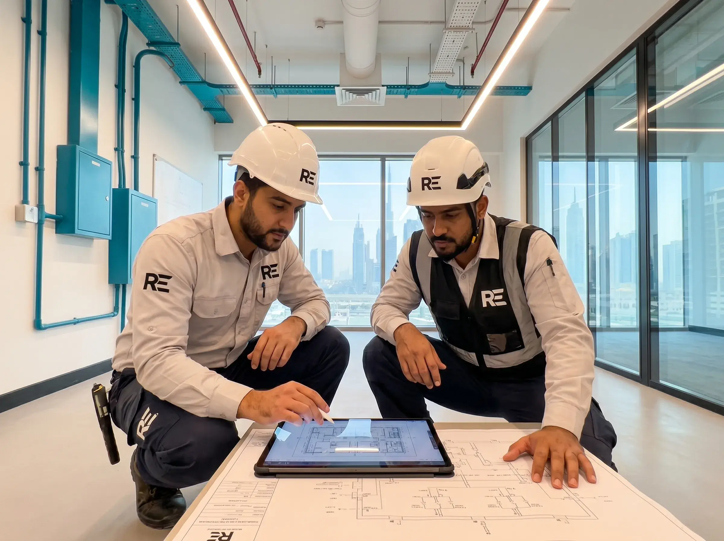 Alrawiya & Alebda technicians reviewing project plans on site in Dubai