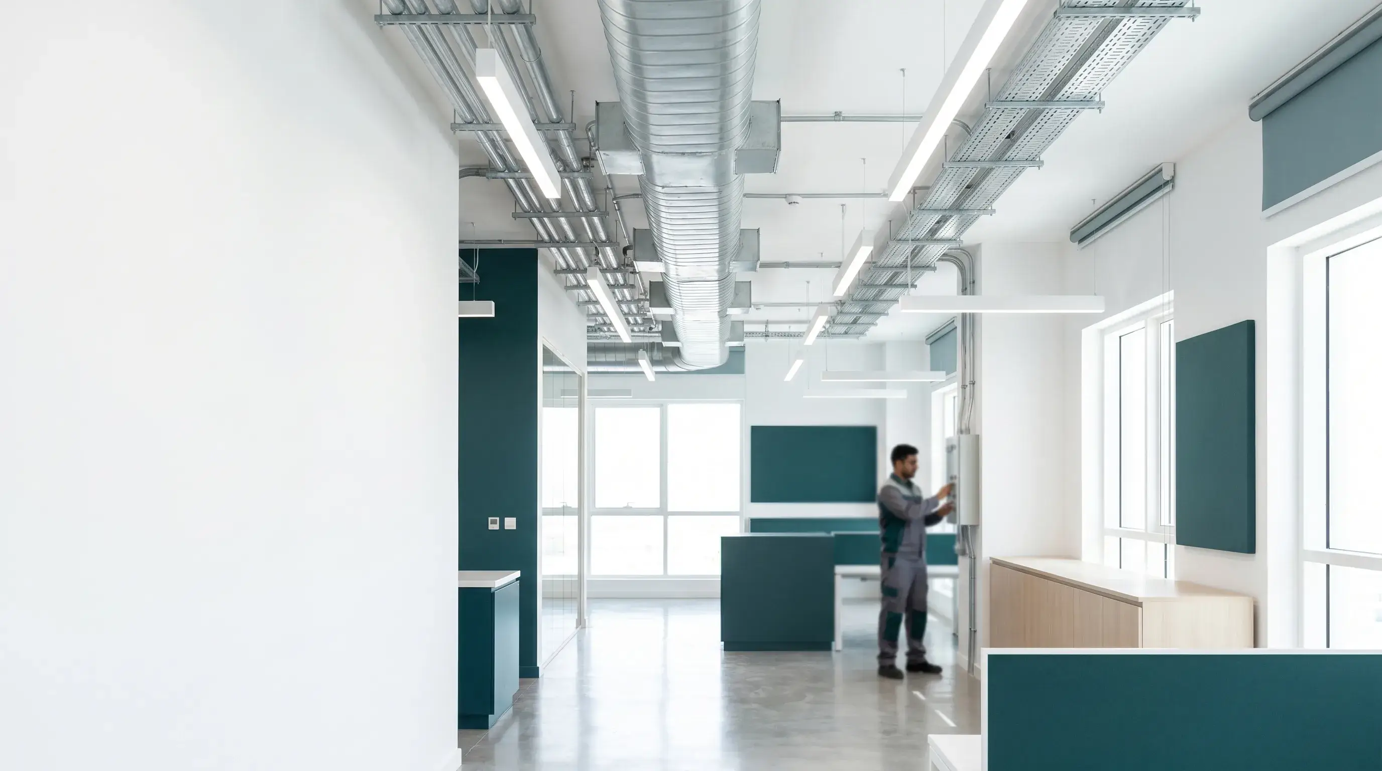 Technician working on building services inside a modern Dubai facility